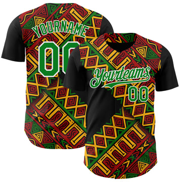 Custom Black Kelly Green Red Yellow-White 3D Pattern Design Black History Month African Ethnicity Style Abstract Geometric Authentic Baseball Jersey