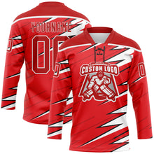 Load image into Gallery viewer, Custom Red Black-White 3D Pattern Lightning Hockey Lace Neck Jersey
