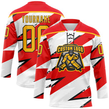 Charger l'image dans la galerie, Custom Fire Red Gold Black-White 3D Pattern Lightning Hockey Lace Neck Jersey
