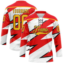 Charger l'image dans la galerie, Custom Fire Red Gold Black-White 3D Pattern Lightning Hockey Lace Neck Jersey
