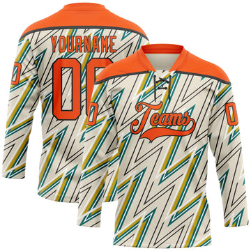Custom Cream Orange Green Yellow-Black 3D Pattern Lightning Hockey Lace Neck Jersey