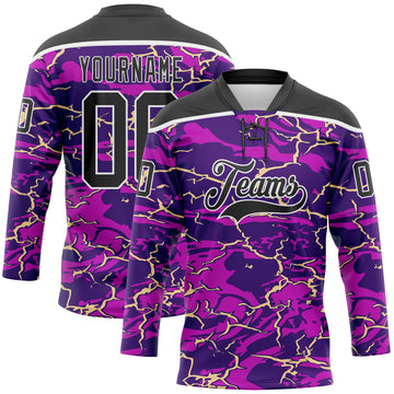 Custom Purple Black Cream-White 3D Pattern Lightning Hockey Lace Neck Jersey