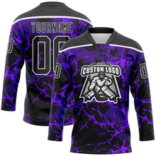 Laden Sie das Bild in den Galerie-Viewer, Custom Purple Black-White 3D Pattern Lightning Hockey Lace Neck Jersey
