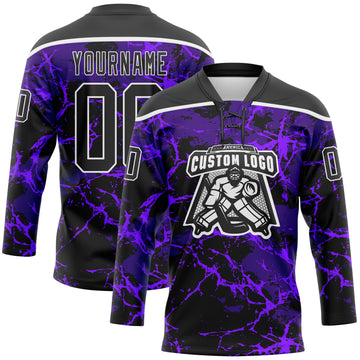Custom Purple Black-White 3D Pattern Lightning Hockey Lace Neck Jersey