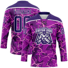 Charger l'image dans la galerie, Custom Purple Black Pink-White 3D Pattern Lightning Hockey Lace Neck Jersey
