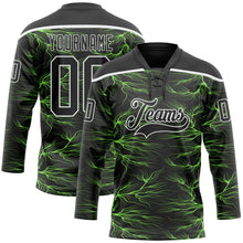 Laden Sie das Bild in den Galerie-Viewer, Custom Black Green-White 3D Pattern Lightning Hockey Lace Neck Jersey

