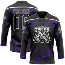 Laden Sie das Bild in den Galerie-Viewer, Custom Black Purple-White 3D Pattern Lightning Hockey Lace Neck Jersey
