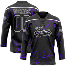 Laden Sie das Bild in den Galerie-Viewer, Custom Black Purple-White 3D Pattern Lightning Hockey Lace Neck Jersey
