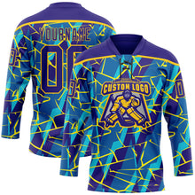 Laden Sie das Bild in den Galerie-Viewer, Custom Blue Dark Purple-Yellow 3D Pattern Lightning Hockey Lace Neck Jersey
