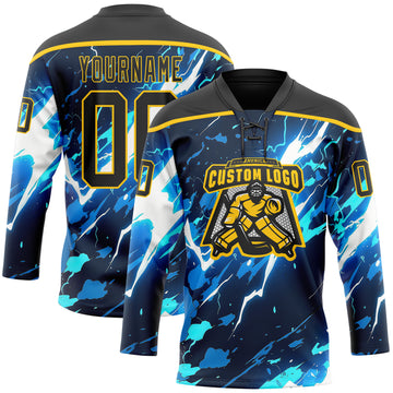 Custom Black Blue Yellow-White 3D Pattern Lightning Hockey Lace Neck Jersey