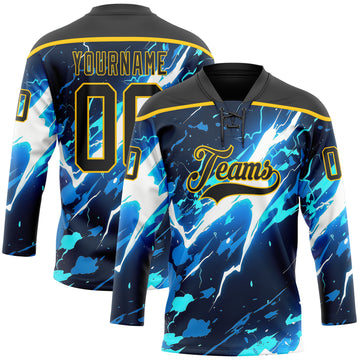 Custom Black Blue Yellow-White 3D Pattern Lightning Hockey Lace Neck Jersey