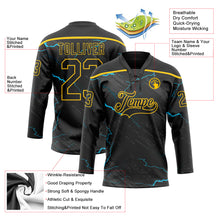 Charger l'image dans la galerie, Custom Black Blue-Yellow 3D Pattern Lightning Hockey Lace Neck Jersey
