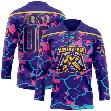 Custom Dark Purple Pink Blue-Yellow 3D Pattern Lightning Hockey Lace Neck Jersey