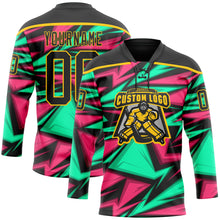 Charger l'image dans la galerie, Custom Black Green Pink-Yellow 3D Pattern Lightning Hockey Lace Neck Jersey
