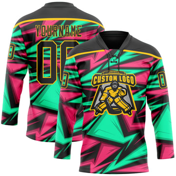 Custom Black Green Pink-Yellow 3D Pattern Lightning Hockey Lace Neck Jersey