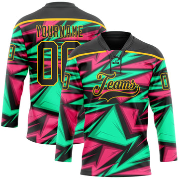 Custom Black Green Pink-Yellow 3D Pattern Lightning Hockey Lace Neck Jersey