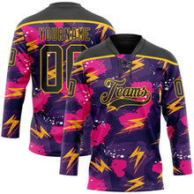 Charger l'image dans la galerie, Custom Purple Black Pink-Yellow 3D Pattern Lightning Hockey Lace Neck Jersey
