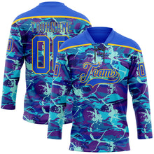 Load image into Gallery viewer, Custom Blue Thunder Blue-Yellow 3D Pattern Lightning Hockey Lace Neck Jersey
