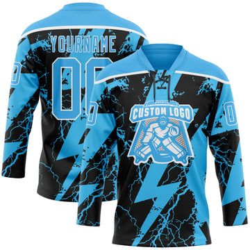 Custom Sky Blue Black-White 3D Pattern Lightning Hockey Lace Neck Jersey