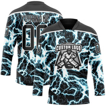 Charger l'image dans la galerie, Custom Black Blue-White 3D Pattern Lightning Hockey Lace Neck Jersey
