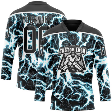 Custom Black Blue-White 3D Pattern Lightning Hockey Lace Neck Jersey
