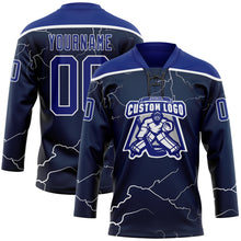 Charger l'image dans la galerie, Custom Navy Royal-White 3D Pattern Lightning Hockey Lace Neck Jersey
