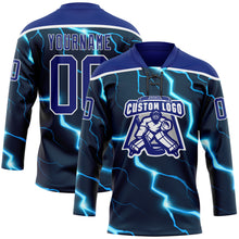 Charger l'image dans la galerie, Custom Navy Royal Blue-White 3D Pattern Lightning Hockey Lace Neck Jersey
