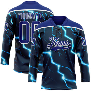 Custom Navy Royal Blue-White 3D Pattern Lightning Hockey Lace Neck Jersey