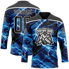 Charger l'image dans la galerie, Custom Black Blue-White 3D Pattern Lightning Hockey Lace Neck Jersey
