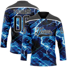 Charger l'image dans la galerie, Custom Black Blue-White 3D Pattern Lightning Hockey Lace Neck Jersey
