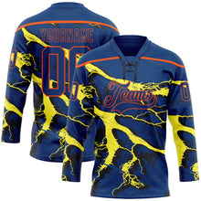 Laden Sie das Bild in den Galerie-Viewer, Custom US Navy Blue Yellow Black-Orange 3D Pattern Lightning Hockey Lace Neck Jersey
