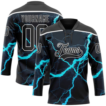 Custom Black Blue-White 3D Pattern Lightning Hockey Lace Neck Jersey