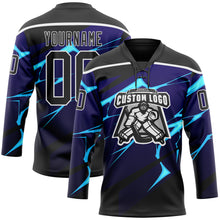 Charger l'image dans la galerie, Custom Black Blue-White 3D Pattern Lightning Hockey Lace Neck Jersey
