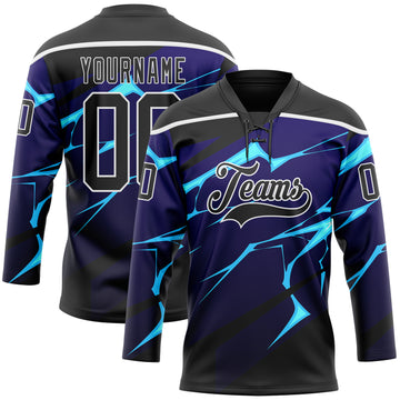 Custom Black Blue-White 3D Pattern Lightning Hockey Lace Neck Jersey