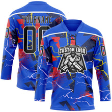 Load image into Gallery viewer, Custom Thunder Blue Black Red Yellow-White 3D Pattern Lightning Hockey Lace Neck Jersey
