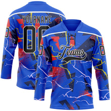 Load image into Gallery viewer, Custom Thunder Blue Black Red Yellow-White 3D Pattern Lightning Hockey Lace Neck Jersey
