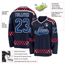 Загрузить изображение в средство просмотра галереи, Custom Navy US Navy Blue Red-White 3D Pattern Plaid Hockey Jersey

