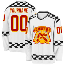 Laden Sie das Bild in den Galerie-Viewer, Custom White Red Gold-Black 3D Pattern Plaid Hockey Jersey
