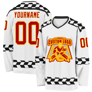 Custom White Red Gold-Black 3D Pattern Plaid Hockey Jersey
