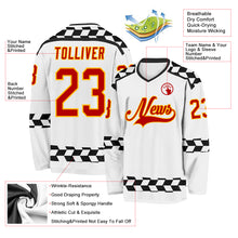 Laden Sie das Bild in den Galerie-Viewer, Custom White Red Gold-Black 3D Pattern Plaid Hockey Jersey
