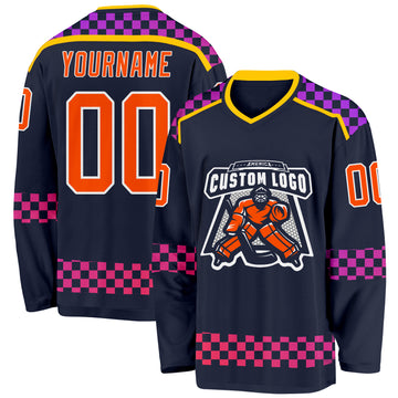 Custom Navy Orange Purple Pink-White 3D Pattern Plaid Hockey Jersey