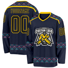 Charger l'image dans la galerie, Custom Navy Black Yellow Pink-Ice Blue 3D Pattern Plaid Hockey Jersey
