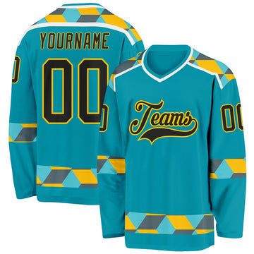 Custom Teal Black Yellow Gray-White 3D Pattern Plaid Hockey Jersey