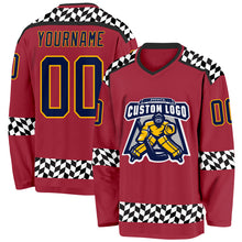 Загрузить изображение в средство просмотра галереи, Custom Maroon Navy Gold Black-White 3D Pattern Plaid Hockey Jersey
