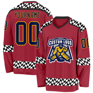 Custom Maroon Navy Gold Black-White 3D Pattern Plaid Hockey Jersey