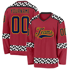 Загрузить изображение в средство просмотра галереи, Custom Maroon Navy Gold Black-White 3D Pattern Plaid Hockey Jersey

