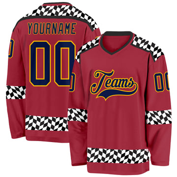 Custom Maroon Navy Gold Black-White 3D Pattern Plaid Hockey Jersey