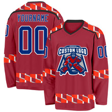 Load image into Gallery viewer, Custom Maroon Royal Orange Black-White 3D Pattern Plaid Hockey Jersey
