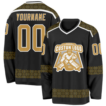 Custom Black Old Gold-White 3D Pattern Plaid Hockey Jersey