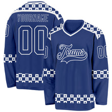 Load image into Gallery viewer, Custom Royal White 3D Pattern Plaid Hockey Jersey
